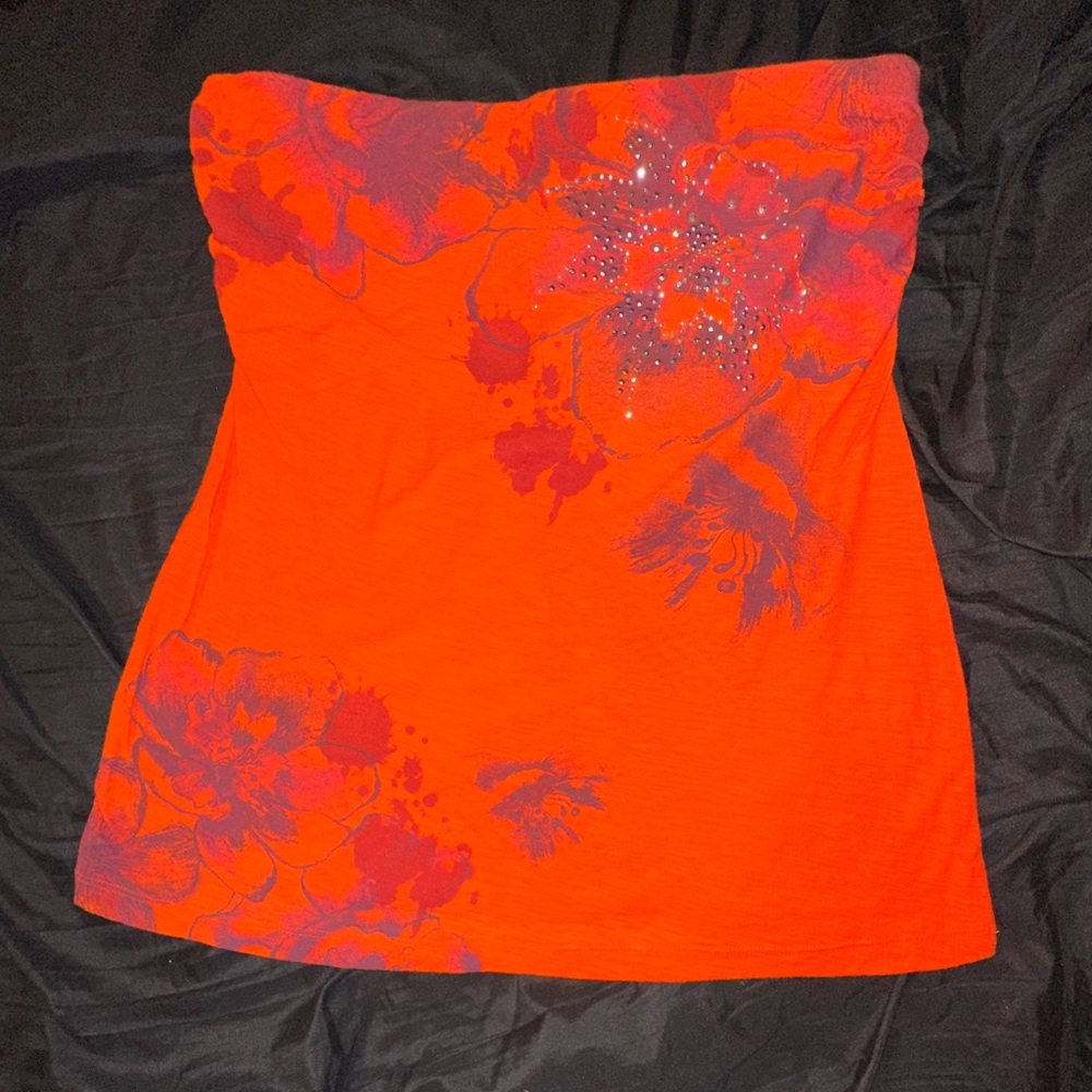 Orange Strapless Top with Floral Design